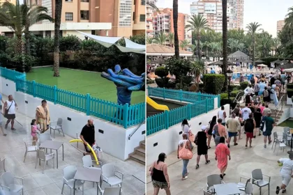 British holidaymaker captures the daily Benidorm sunbed scramble as guests queued from 7.30am before racing for beds when the pool opened - and calls it chaos for no reason.