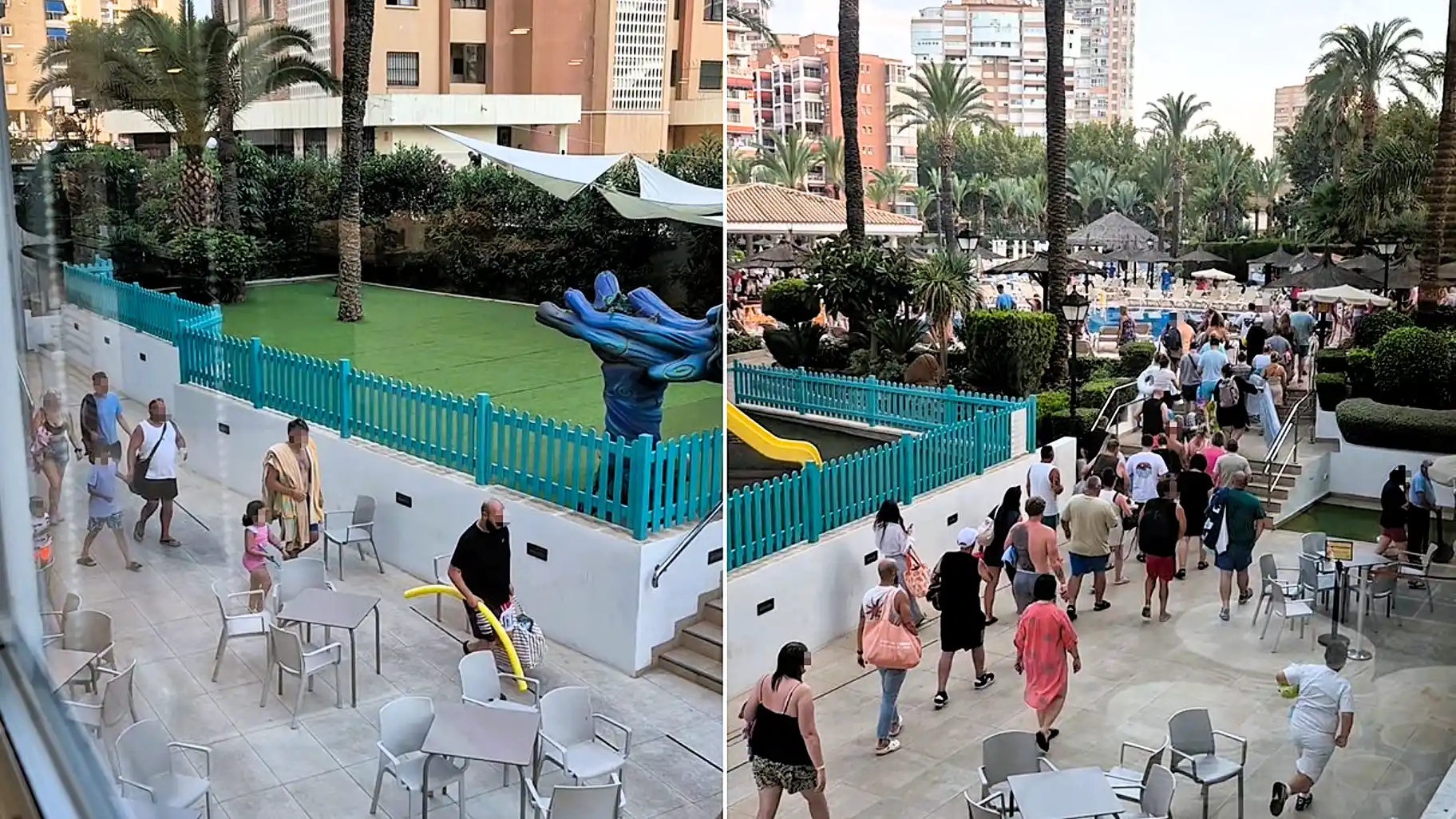 British holidaymaker captures the daily Benidorm sunbed scramble as guests queued from 7.30am before racing for beds when the pool opened - and calls it chaos for no reason.