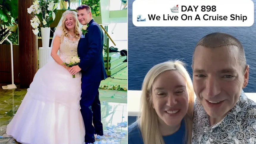 A couple who met and married on a cruise ship now live permanently at sea - spending up to £7,500 a month and not setting foot on land for 900 nights.