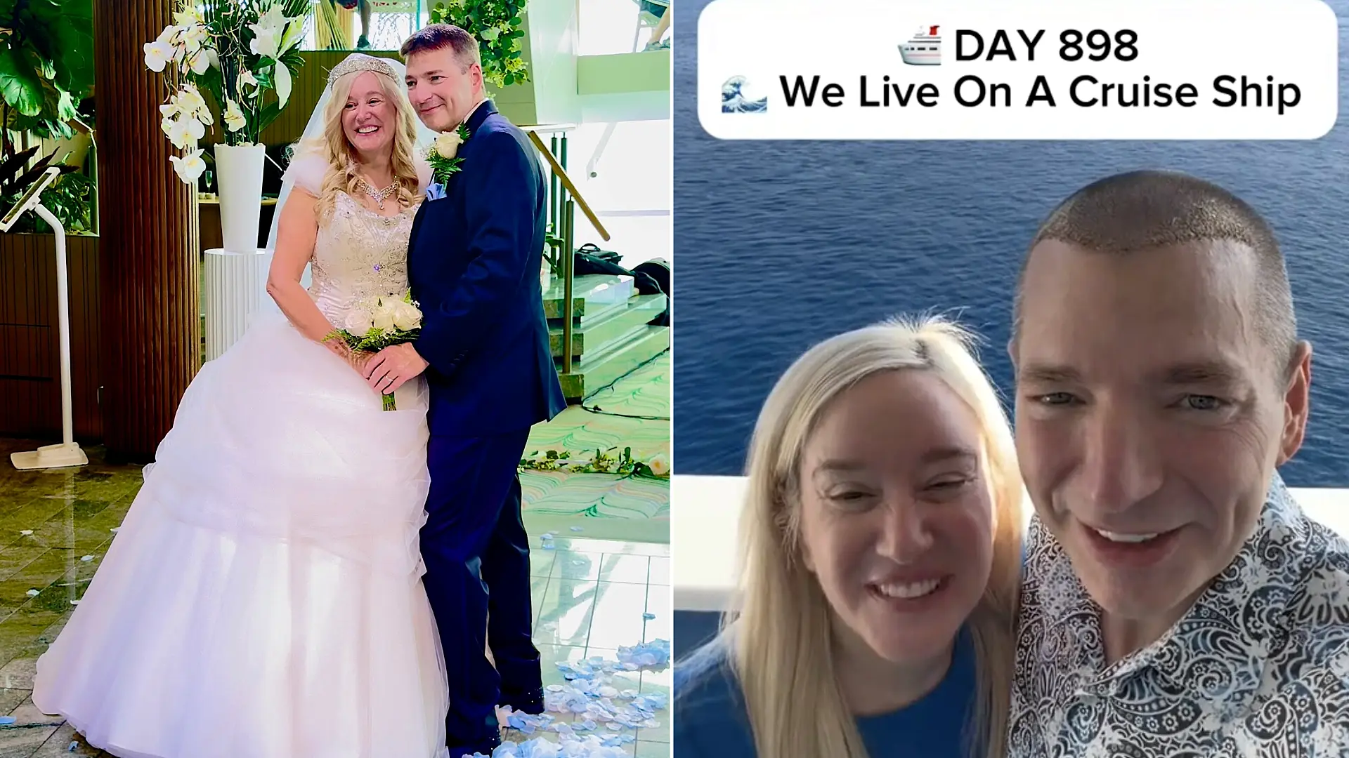 A couple who met and married on a cruise ship now live permanently at sea - spending up to £7,500 a month and not setting foot on land for 900 nights.
