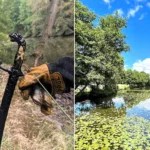 An 'Excalibur' style sword has been found sticking out of a castle lake after hot weather caused the water levels to plummet, revealing the hidden blade.