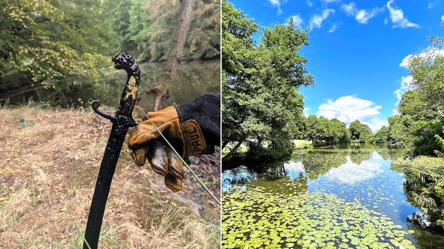 An 'Excalibur' style sword has been found sticking out of a castle lake after hot weather caused the water levels to plummet, revealing the hidden blade.