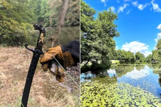 An 'Excalibur' style sword has been found sticking out of a castle lake after hot weather caused the water levels to plummet, revealing the hidden blade.