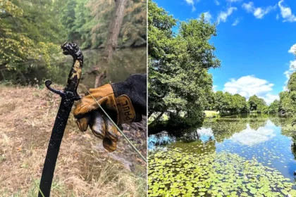 An 'Excalibur' style sword has been found sticking out of a castle lake after hot weather caused the water levels to plummet, revealing the hidden blade.