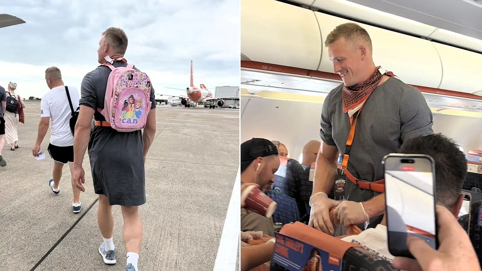 Groom posed as an easyJet flight attendant and even helped collect rubbish on a plane after his stag do pals made him dress up in a Vinted frock for a Benidorm trip.