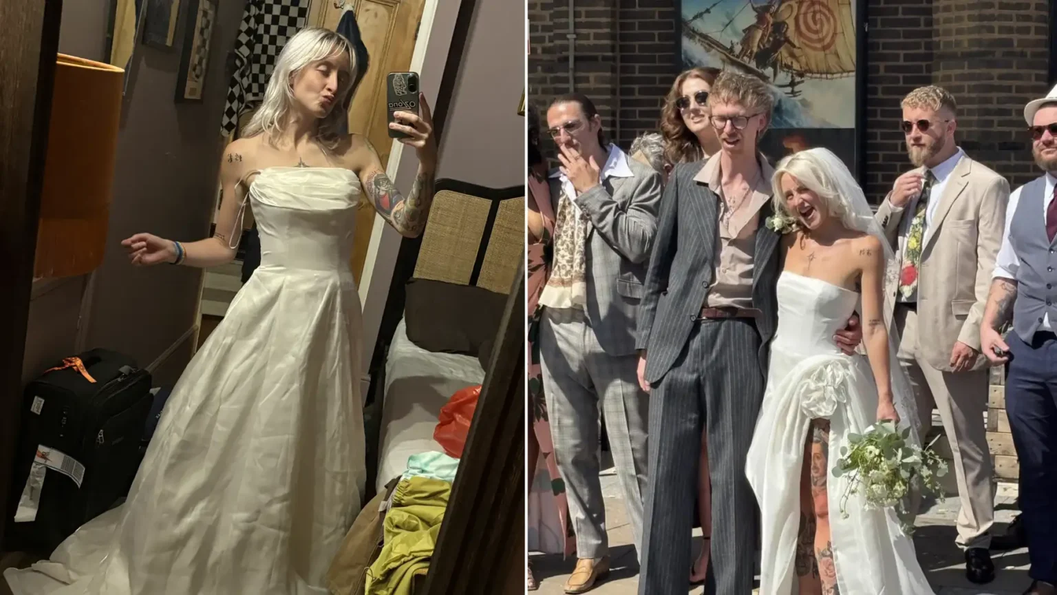 Bride who bought her dream wedding dress for just £2 at a charity shop pop-up is urging others to ditch designer gowns - after having it altered into a one-of-a-kind design.