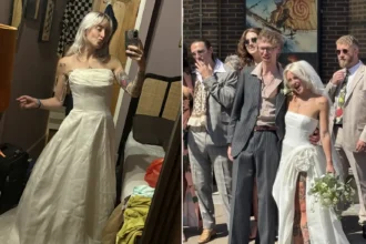 Bride who bought her dream wedding dress for just £2 at a charity shop pop-up is urging others to ditch designer gowns - after having it altered into a one-of-a-kind design.