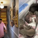 A mum was stunned when a mystery chirping she thought was her toddler's toy turned out to be four baby squirrels living in her attic - with one falling on the carpet.
