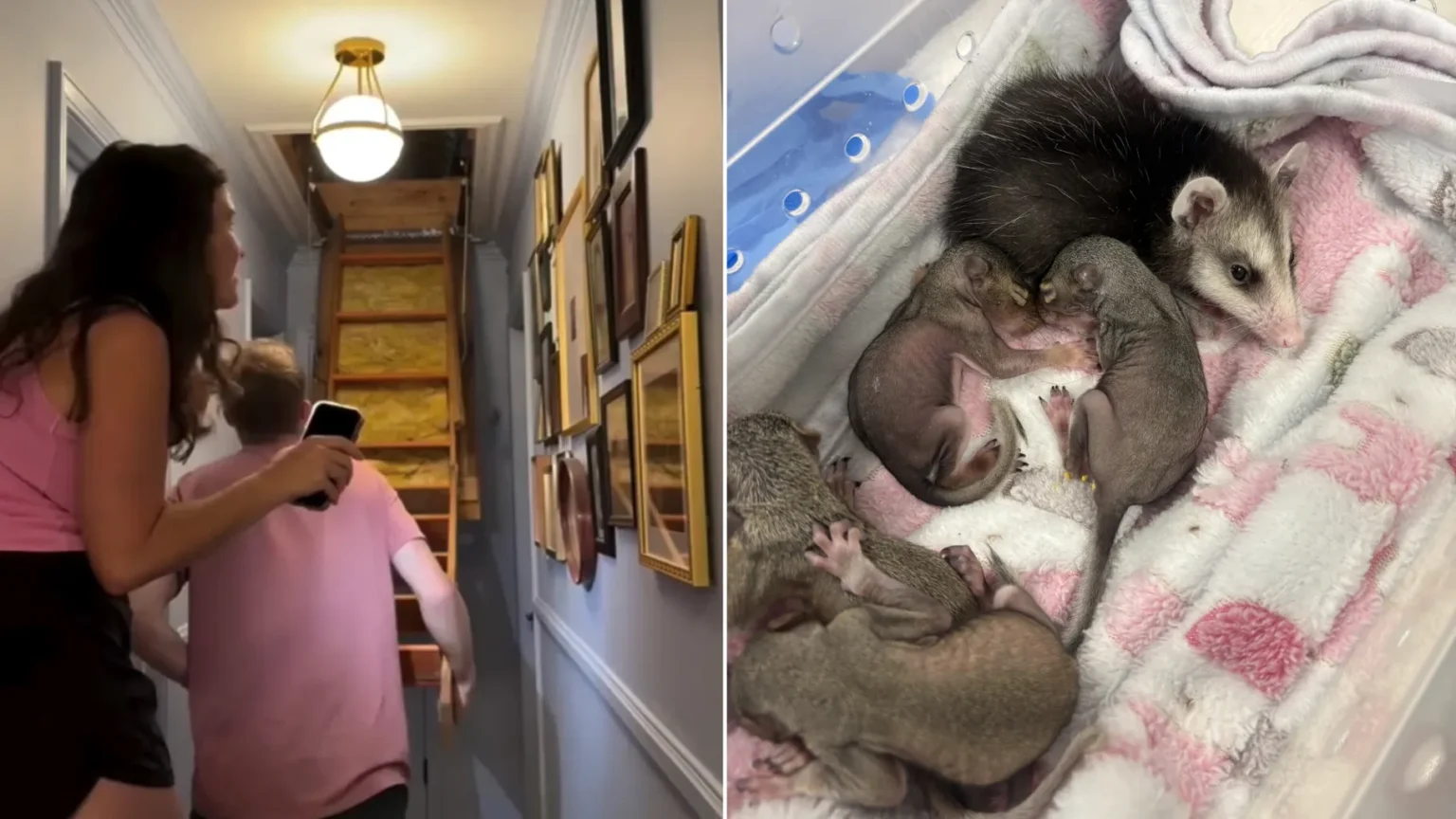 A mum was stunned when a mystery chirping she thought was her toddler's toy turned out to be four baby squirrels living in her attic - with one falling on the carpet.
