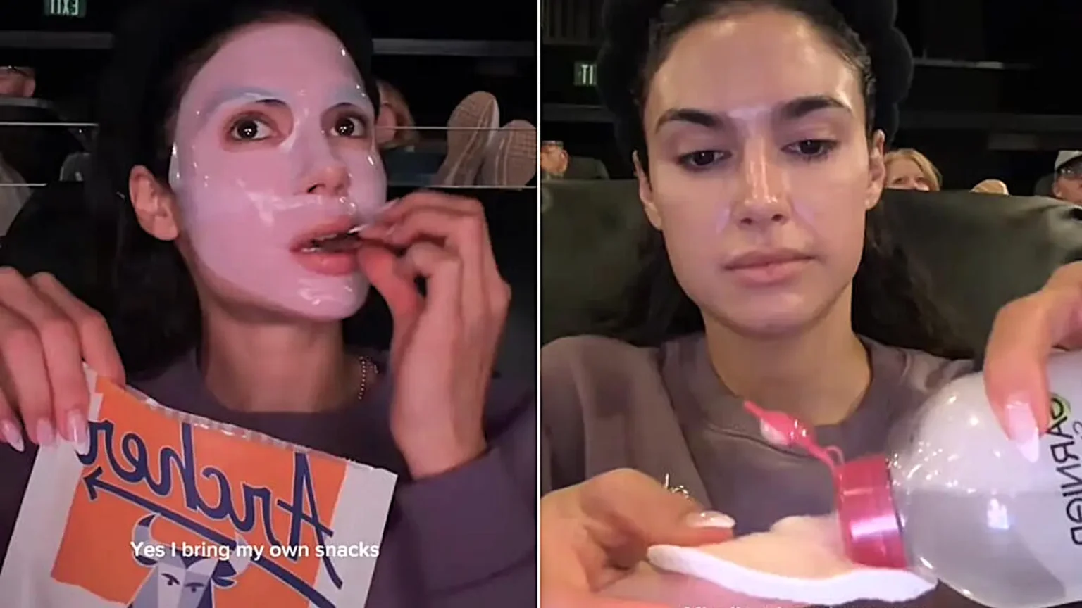 Beauty influencer is slammed as tacky and inconsiderate after filming herself doing an elaborate skincare routine - including a full sheet mask - during the three-hour movie The Odyssey.