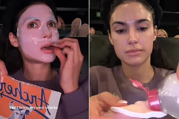 Beauty influencer is slammed as tacky and inconsiderate after filming herself doing an elaborate skincare routine - including a full sheet mask - during the three-hour movie The Odyssey.