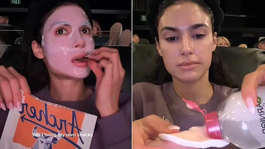 Beauty influencer is slammed as tacky and inconsiderate after filming herself doing an elaborate skincare routine - including a full sheet mask - during the three-hour movie The Odyssey.