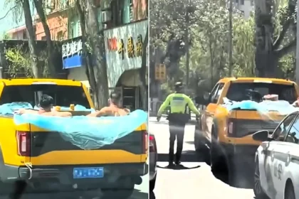 Three lads landed themselves in hot water after using their pickup truck as a mobile swimming pool, filmed sipping drinks and eating watermelon in the cargo bed.