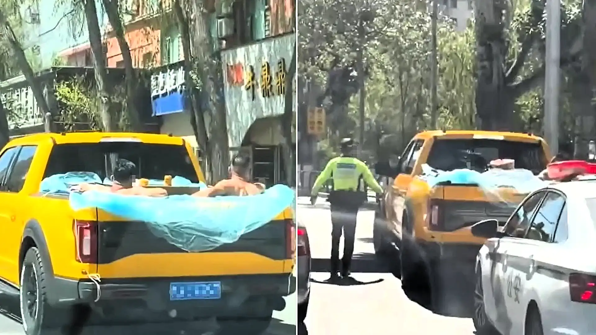 Three lads landed themselves in hot water after using their pickup truck as a mobile swimming pool, filmed sipping drinks and eating watermelon in the cargo bed.