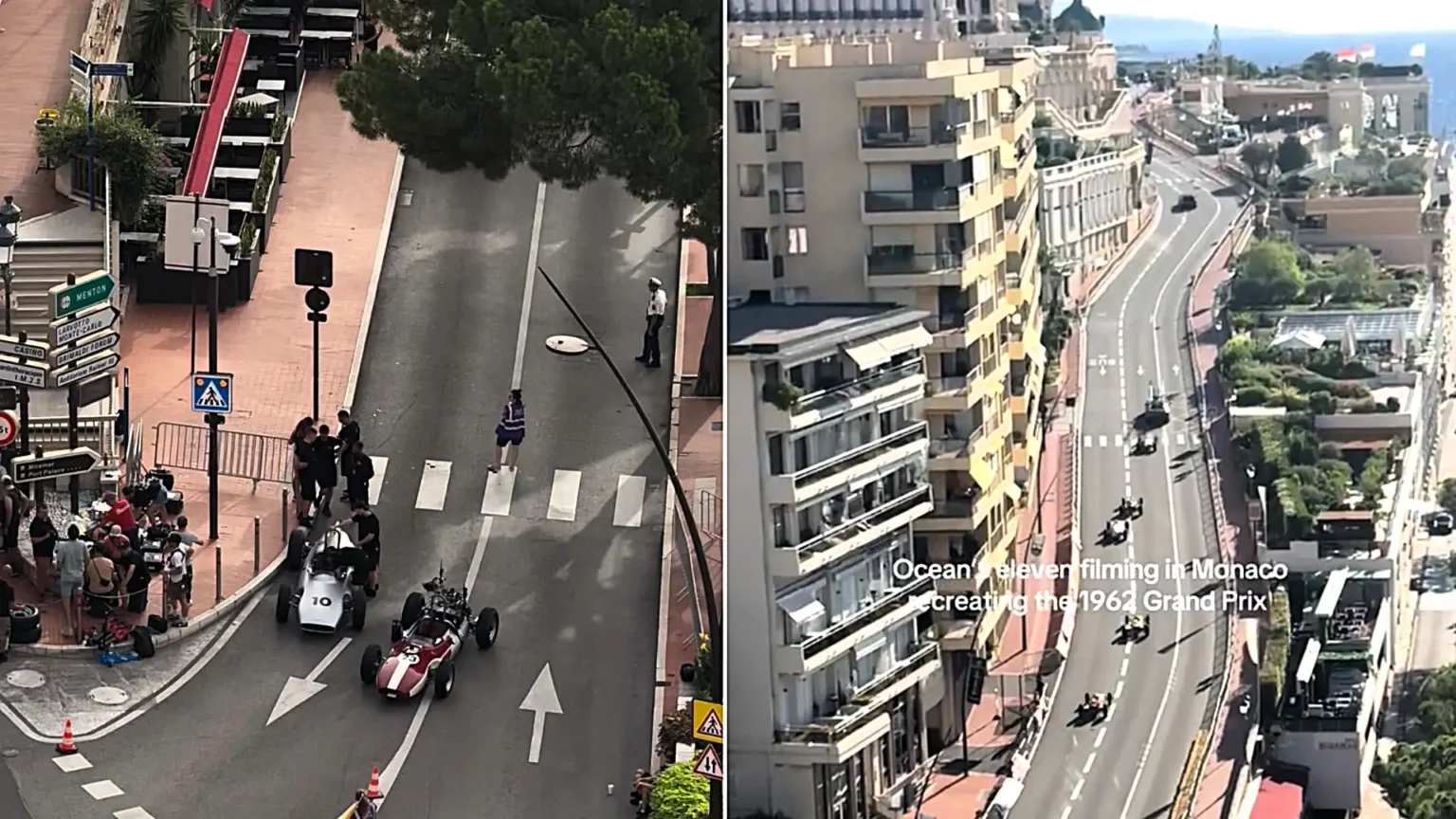 Hollywood has transformed the streets of Monaco into a 1960s racing circuit for the new Ocean's Eleven prequel - with vintage cars, drones and period-dressed extras.