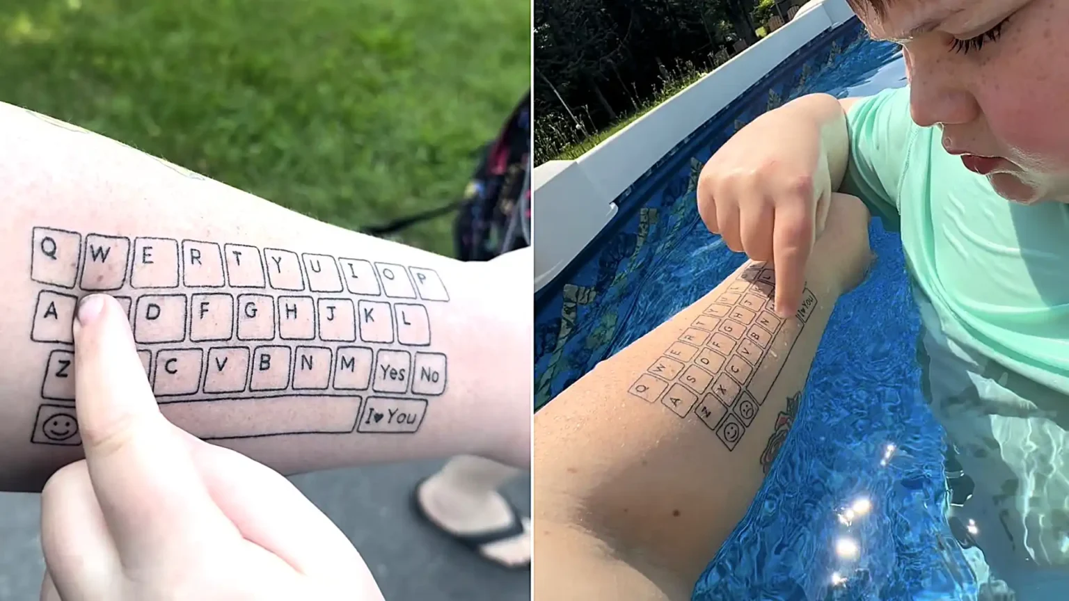 A devoted mum tattooed an entire keyboard on her arm so her non-speaking son can always talk to her - and his first typed words left her in tears.
