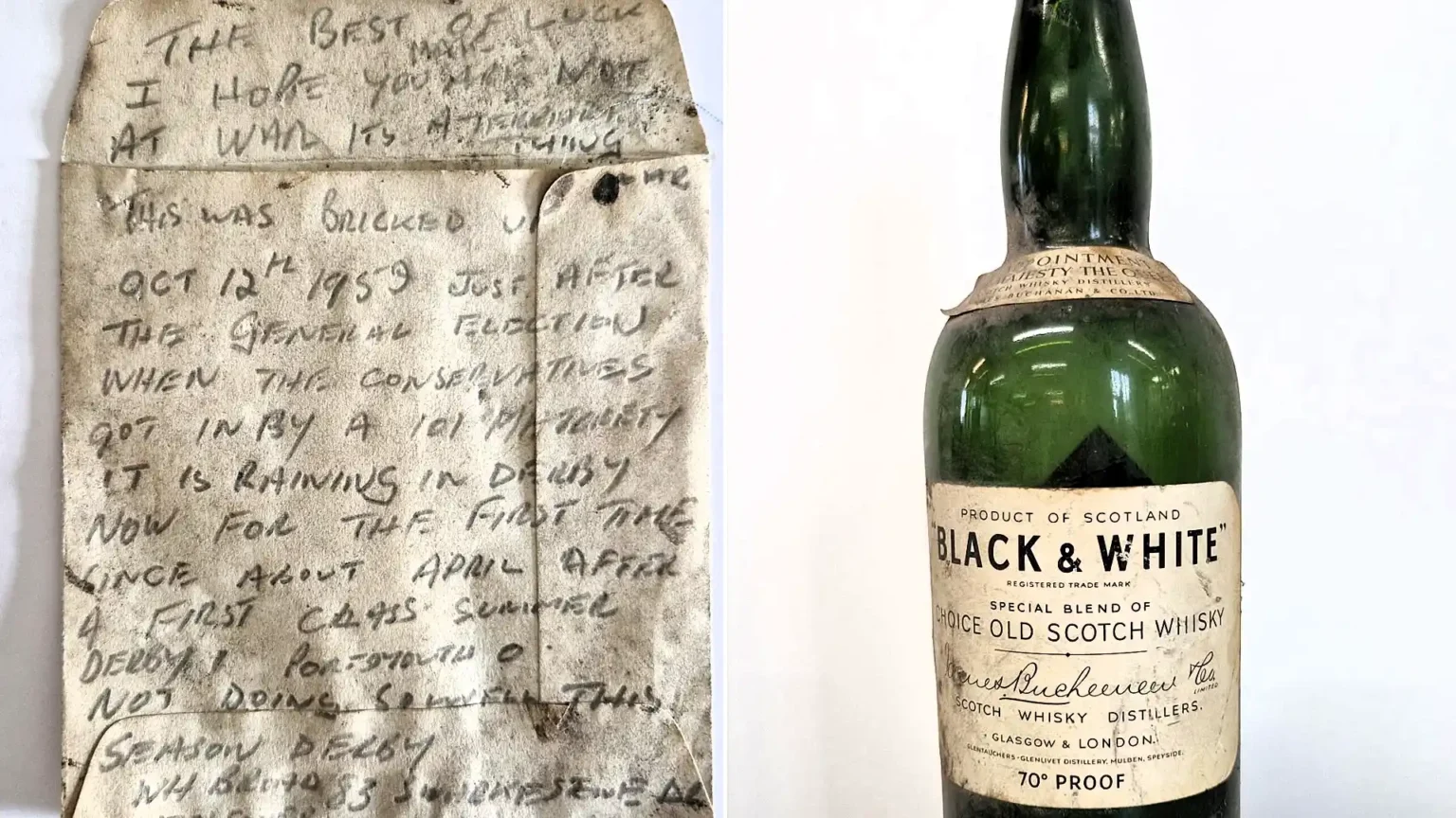 A workman's message in a whisky bottle, bricked up behind a Derby staircase in 1959, has been found 67 years on - a poignant note to whoever would one day uncover it.