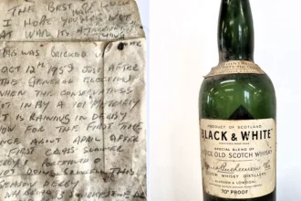 A workman's message in a whisky bottle, bricked up behind a Derby staircase in 1959, has been found 67 years on - a poignant note to whoever would one day uncover it.