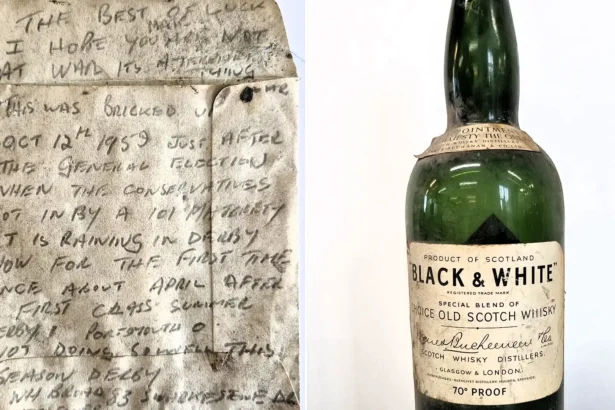 A workman's message in a whisky bottle, bricked up behind a Derby staircase in 1959, has been found 67 years on - a poignant note to whoever would one day uncover it.