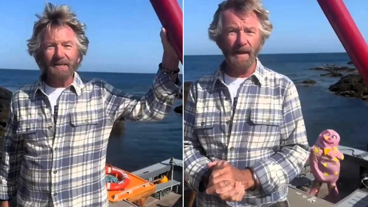 TV presenter Noel Edmonds has reunited with Mr Blobby for a boat trip on the Isle of Man - with the comedy character up to his trademark mayhem.