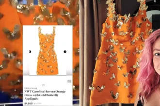 Savvy thrifter reveals how she snapped up a butterfly-print Carolina Herrera gown worth nearly £3,700 for just £11 in a charity shop - after spotting the brand label.