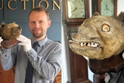 A stuffed fox head bought for £50 at an antiques market has sold for more than £60,000 after being revealed to be an incredibly rare extinct Tasmanian Tiger.
