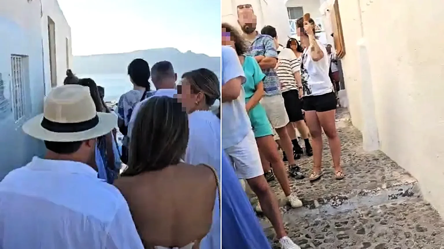 The grim reality of Santorini has been exposed as thousands of holidaymakers were spotted queueing at 6.30am for the same Instagram snap in front of the island's iconic blue dome.