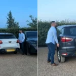 Wedding guests lifted two parked cars sideways with their bare hands after they boxed in their friend's Range Rover - and even the bride got involved in the drama.