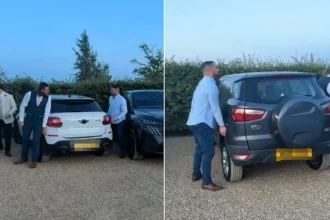 Wedding guests lifted two parked cars sideways with their bare hands after they boxed in their friend's Range Rover - and even the bride got involved in the drama.