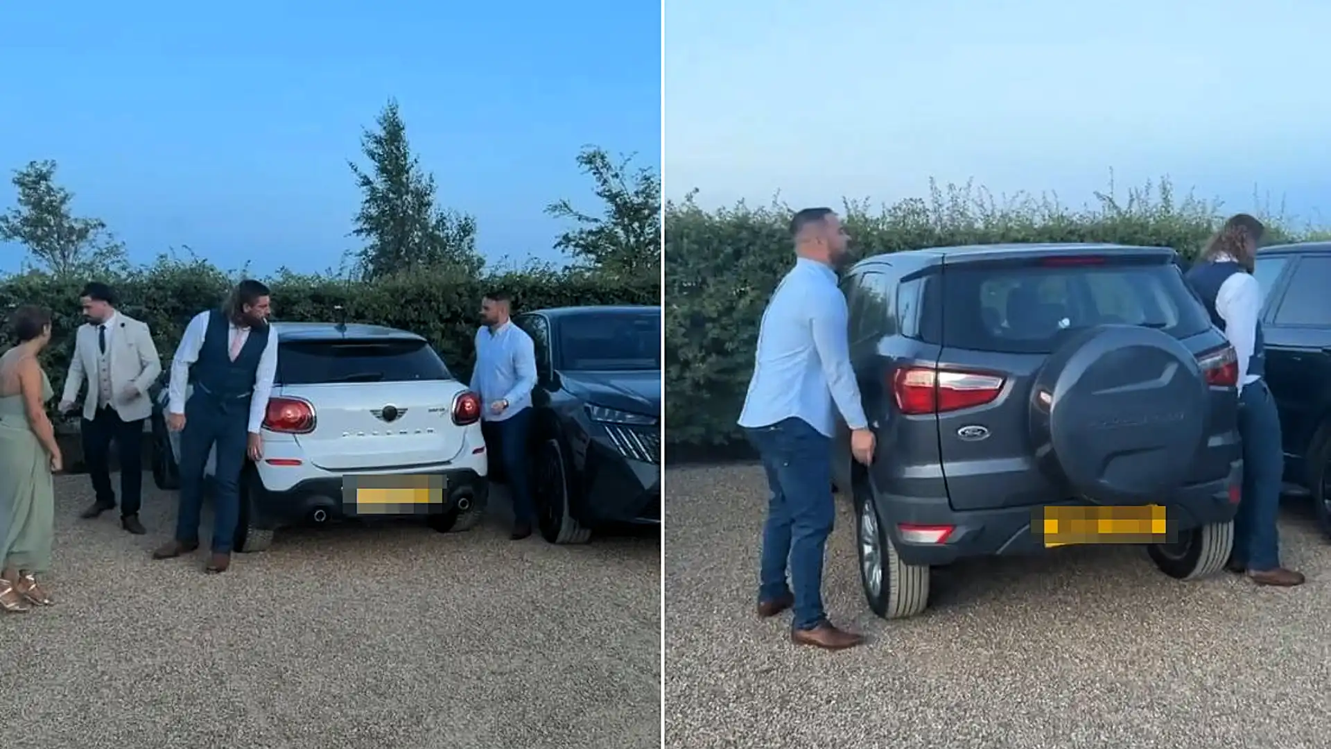 Wedding guests lifted two parked cars sideways with their bare hands after they boxed in their friend's Range Rover - and even the bride got involved in the drama.