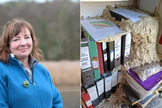 A wildlife warden has been forced out of her office after thousands of wasps moved in and built a huge nest while she was away on holiday.