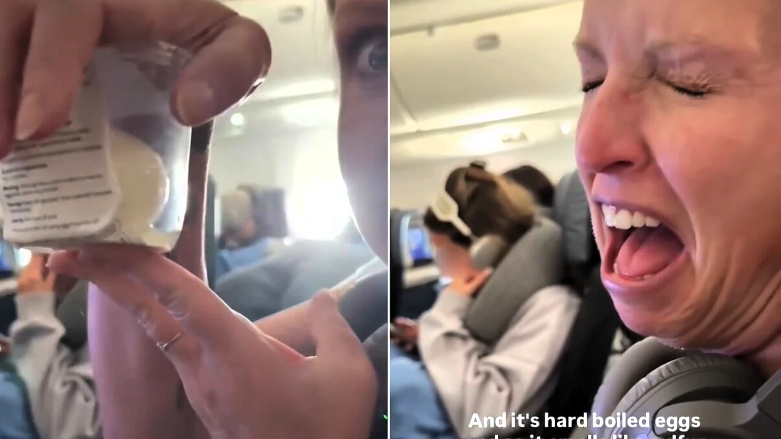 A woman has revealed the mortifying moment a container of boiled eggs "exploded" mid-flight, filling part of the plane cabin with a foul smell.