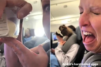 A woman has revealed the mortifying moment a container of boiled eggs "exploded" mid-flight, filling part of the plane cabin with a foul smell.