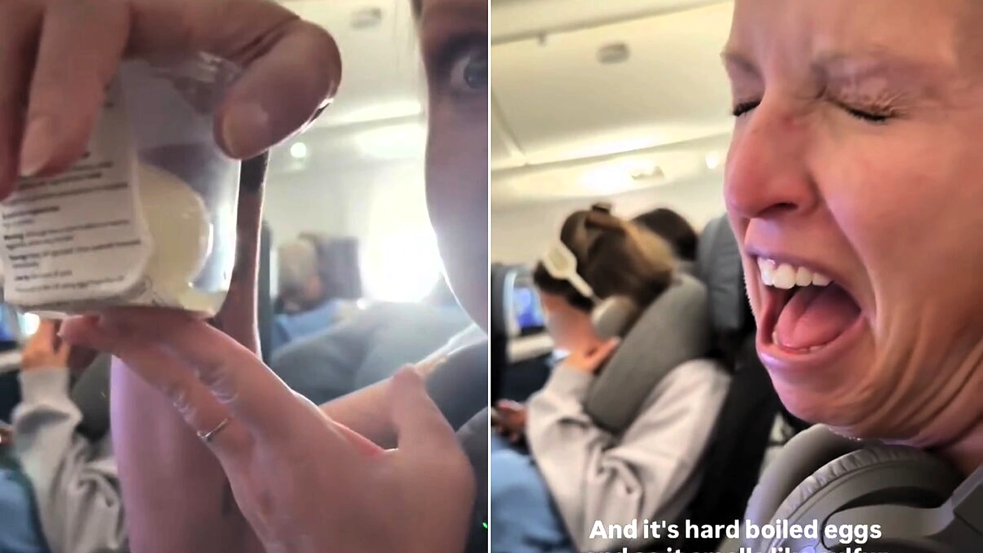 A woman has revealed the mortifying moment a container of boiled eggs "exploded" mid-flight, filling part of the plane cabin with a foul smell.