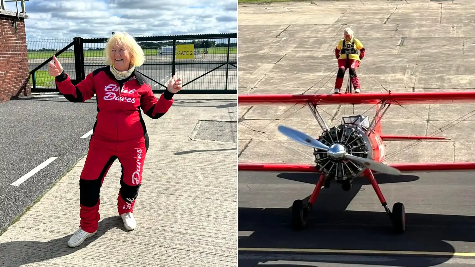 A daredevil gran has taken to the skies strapped to the top of a plane aged 80 - as her screaming grandchildren dubbed her 'Mad Nanna' and she raised £820 for charity.