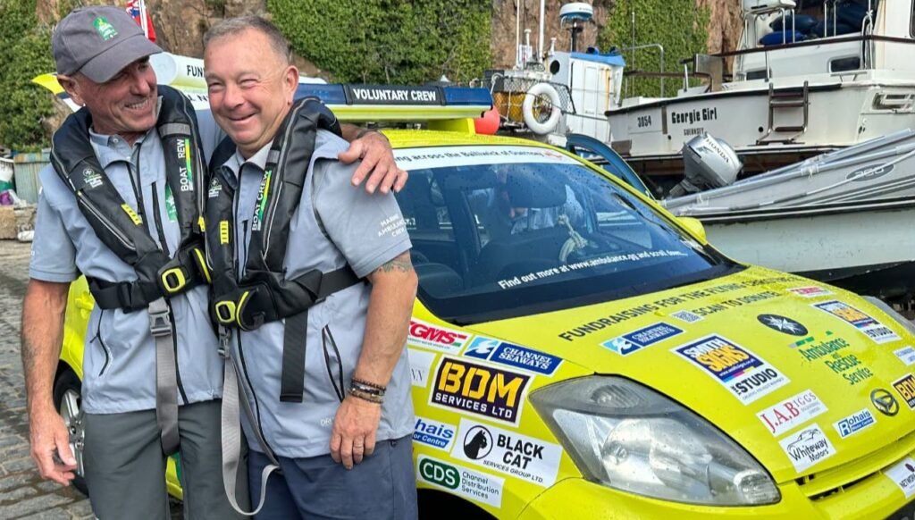 An amphibious ambulance car has sailed nine miles across the sea from Guernsey to Sark - taking three hours to complete the bizarre charity voyage.