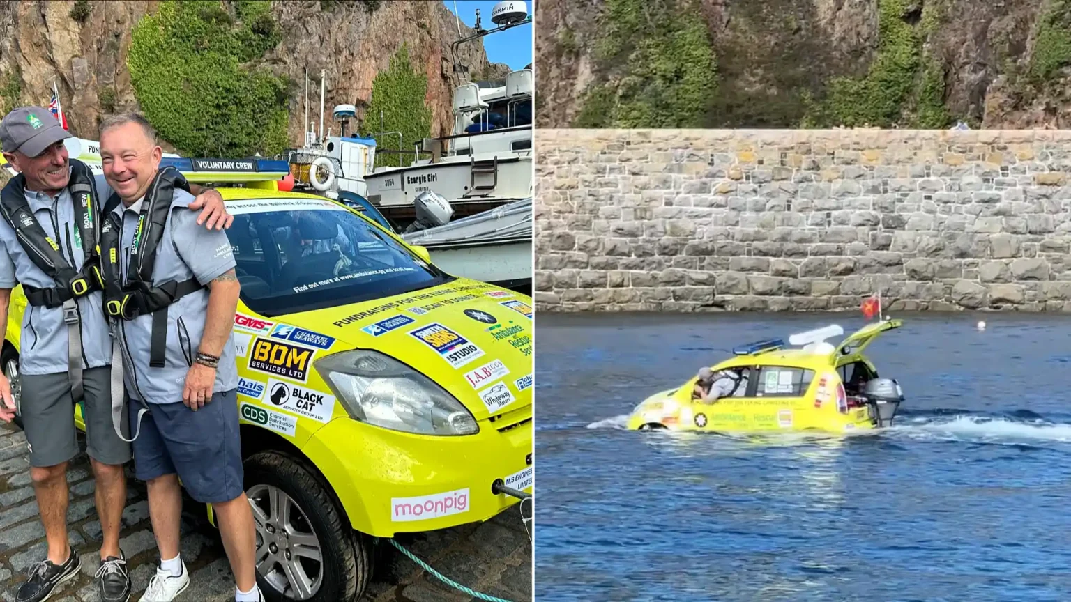 An amphibious ambulance car has sailed nine miles across the sea from Guernsey to Sark - taking three hours to complete the bizarre charity voyage.