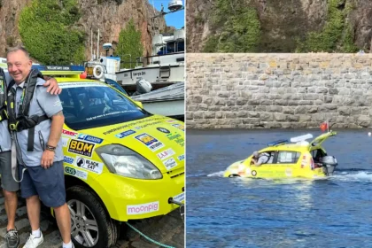 An amphibious ambulance car has sailed nine miles across the sea from Guernsey to Sark - taking three hours to complete the bizarre charity voyage.