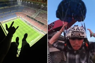 A British base jumper has landed himself in hot water after leaping off the San Siro at dawn - having spent the night hiding inside the empty football stadium.