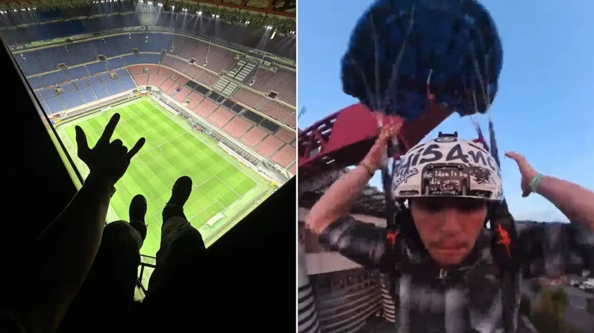 A British base jumper has landed himself in hot water after leaping off the San Siro at dawn - having spent the night hiding inside the empty football stadium.
