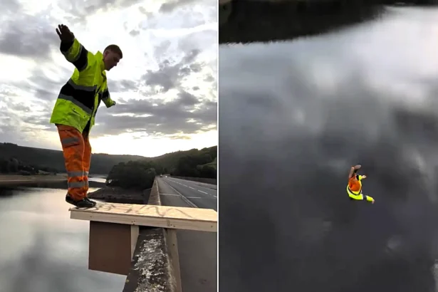 A Brit has performed a stunning Olympic-style twisting dive off a bridge in full hi-vis gear - using a makeshift diving board he built with his mates.