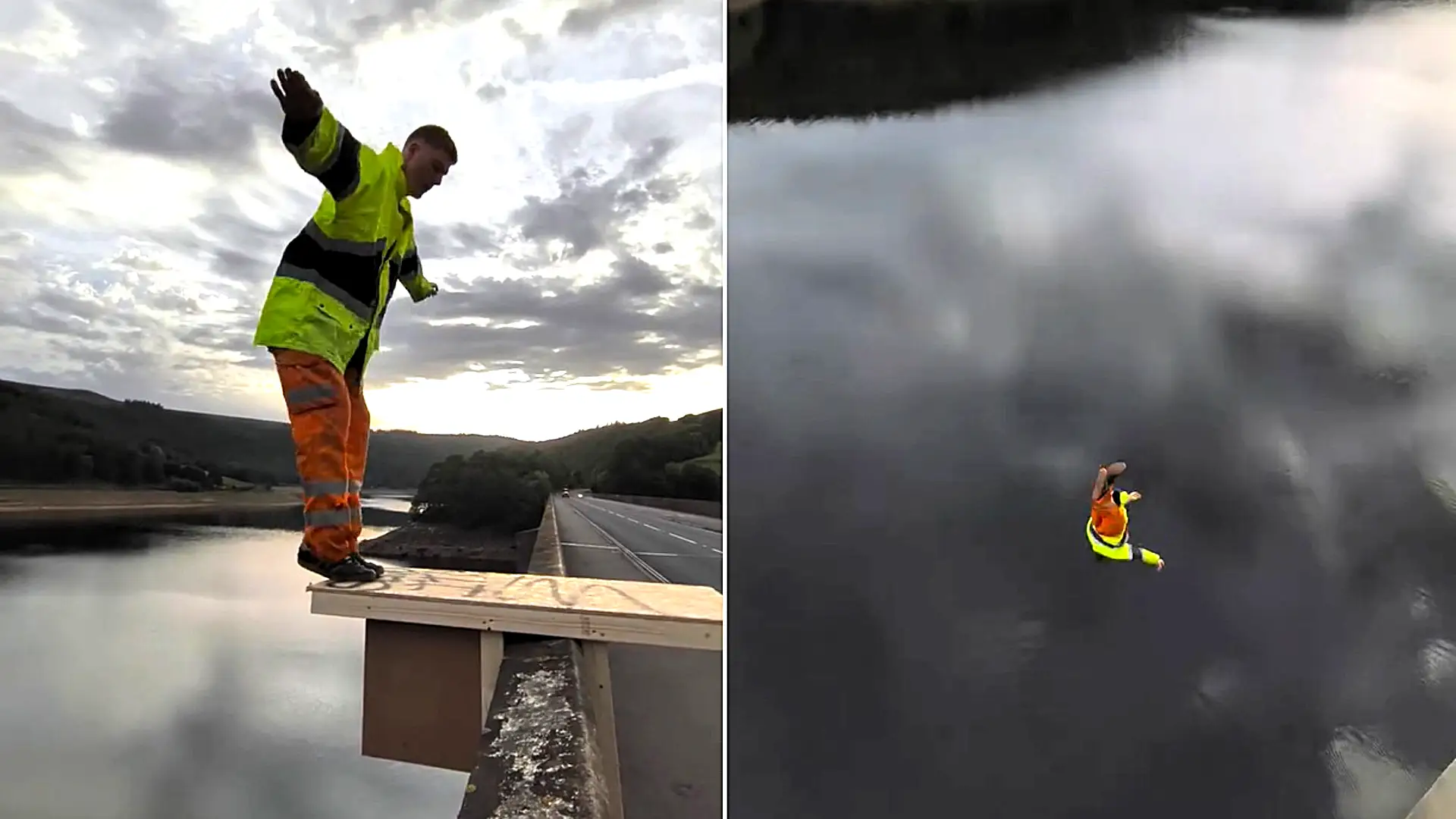 A Brit has performed a stunning Olympic-style twisting dive off a bridge in full hi-vis gear - using a makeshift diving board he built with his mates.