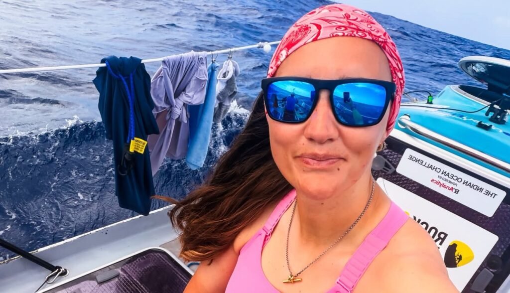 A British rower is battling 40ft waves, storms and agonising salt sores on a 28ft boat as she bids to smash two world records crossing the Indian Ocean.