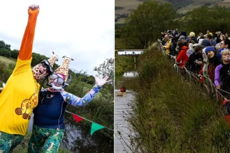 Daredevils dived headfirst into a filthy 120-yard bog as the World Bog Snorkelling Championships hit 40 years - with Emily Hall crowned champ in just 1:27.97.