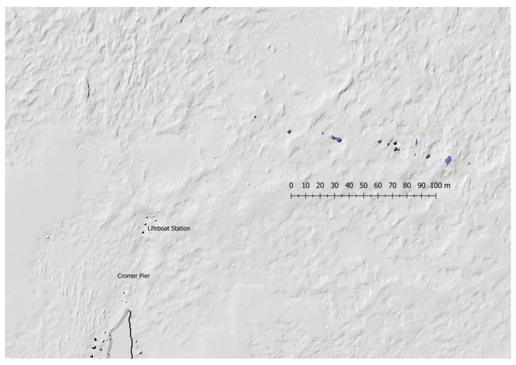 Divers have found 25 mystery structures off Cromer from a British town swallowed by the sea 700 years ago - and the discovery could debunk a famous legend.