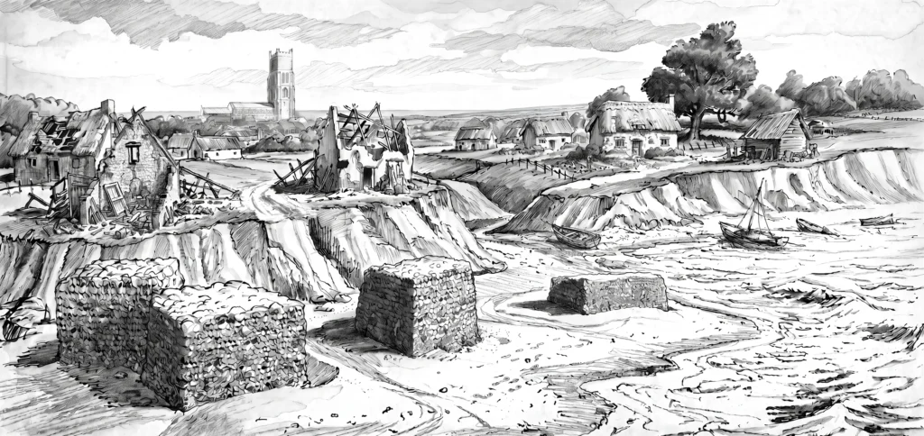Divers have found 25 mystery structures off Cromer from a British town swallowed by the sea 700 years ago - and the discovery could debunk a famous legend.