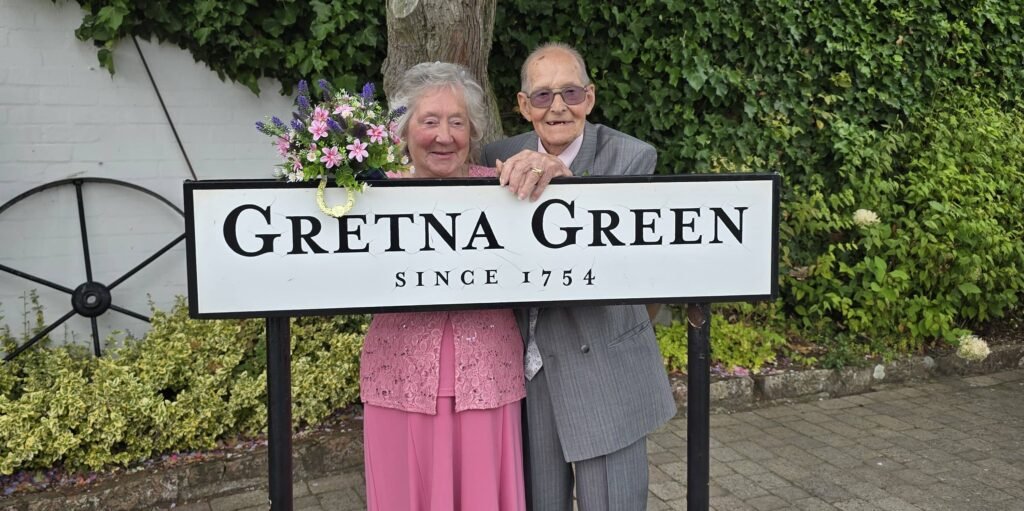 An elderly couple secretly eloped to Gretna Green on the groom's 97th birthday - keeping their wedding a secret from their pestering children until they got home.