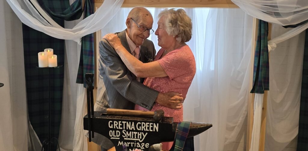 An elderly couple secretly eloped to Gretna Green on the groom's 97th birthday - keeping their wedding a secret from their pestering children until they got home.