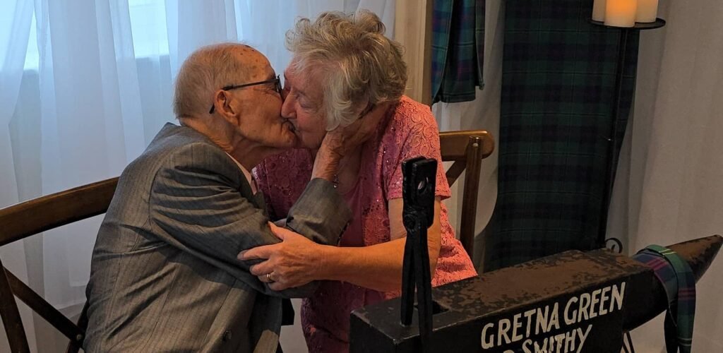 An elderly couple secretly eloped to Gretna Green on the groom's 97th birthday - keeping their wedding a secret from their pestering children until they got home.
