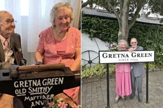 An elderly couple secretly eloped to Gretna Green on the groom's 97th birthday - keeping their wedding a secret from their pestering children until they got home.